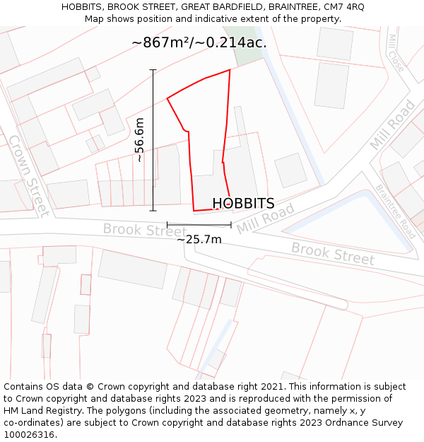 HOBBITS, BROOK STREET, GREAT BARDFIELD, BRAINTREE, CM7 4RQ: Plot and title map