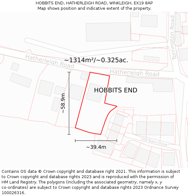 HOBBITS END, HATHERLEIGH ROAD, WINKLEIGH, EX19 8AP: Plot and title map