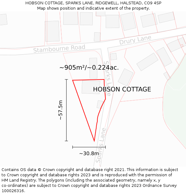 HOBSON COTTAGE, SPARKS LANE, RIDGEWELL, HALSTEAD, CO9 4SP: Plot and title map