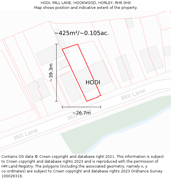 HODI, MILL LANE, HOOKWOOD, HORLEY, RH6 0HX: Plot and title map
