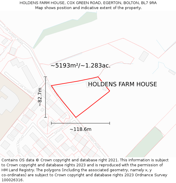 HOLDENS FARM HOUSE, COX GREEN ROAD, EGERTON, BOLTON, BL7 9RA: Plot and title map