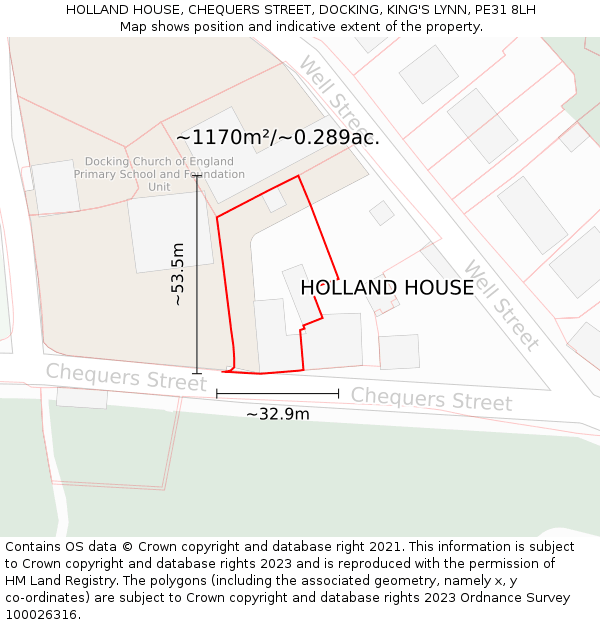 HOLLAND HOUSE, CHEQUERS STREET, DOCKING, KING'S LYNN, PE31 8LH: Plot and title map