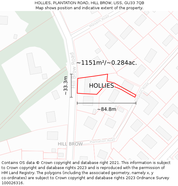 HOLLIES, PLANTATION ROAD, HILL BROW, LISS, GU33 7QB: Plot and title map