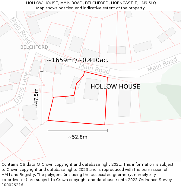 HOLLOW HOUSE, MAIN ROAD, BELCHFORD, HORNCASTLE, LN9 6LQ: Plot and title map