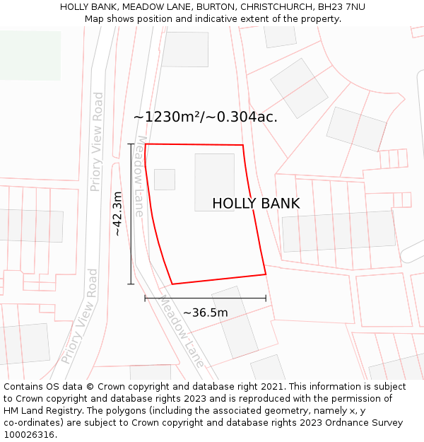 HOLLY BANK, MEADOW LANE, BURTON, CHRISTCHURCH, BH23 7NU: Plot and title map
