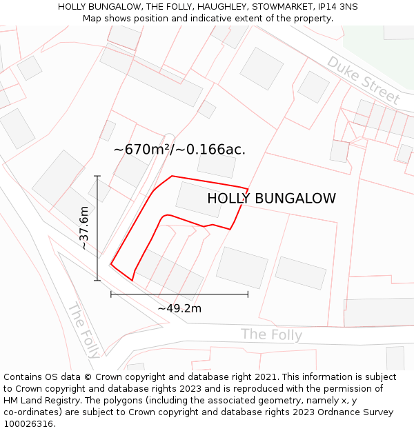 HOLLY BUNGALOW, THE FOLLY, HAUGHLEY, STOWMARKET, IP14 3NS: Plot and title map