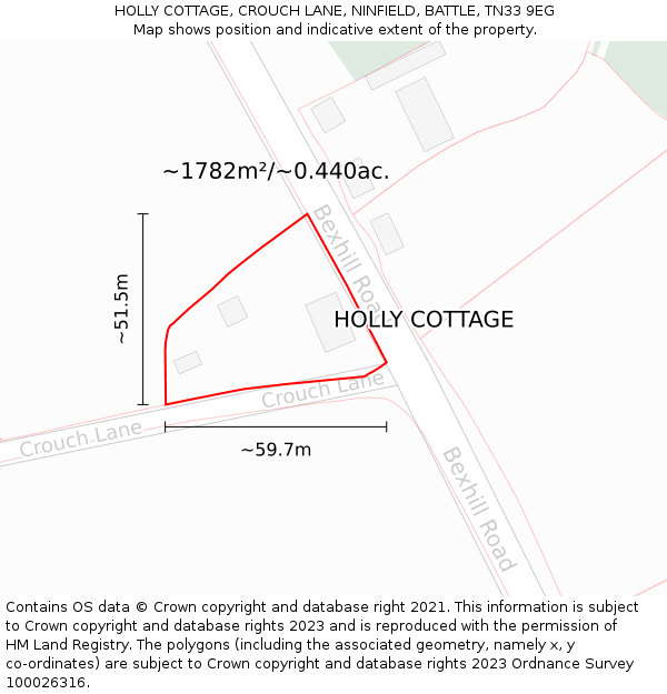 HOLLY COTTAGE, CROUCH LANE, NINFIELD, BATTLE, TN33 9EG: Plot and title map