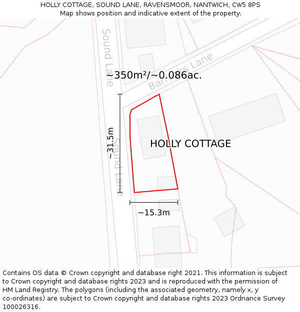 HOLLY COTTAGE, SOUND LANE, RAVENSMOOR, NANTWICH, CW5 8PS: Plot and title map
