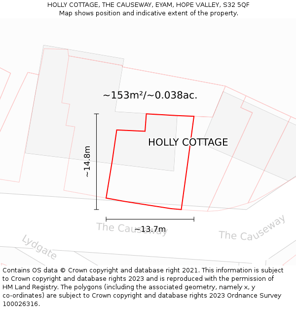 HOLLY COTTAGE, THE CAUSEWAY, EYAM, HOPE VALLEY, S32 5QF: Plot and title map