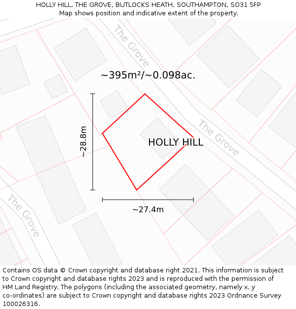 HOLLY HILL, THE GROVE, BUTLOCKS HEATH, SOUTHAMPTON, SO31 5FP: Plot and title map