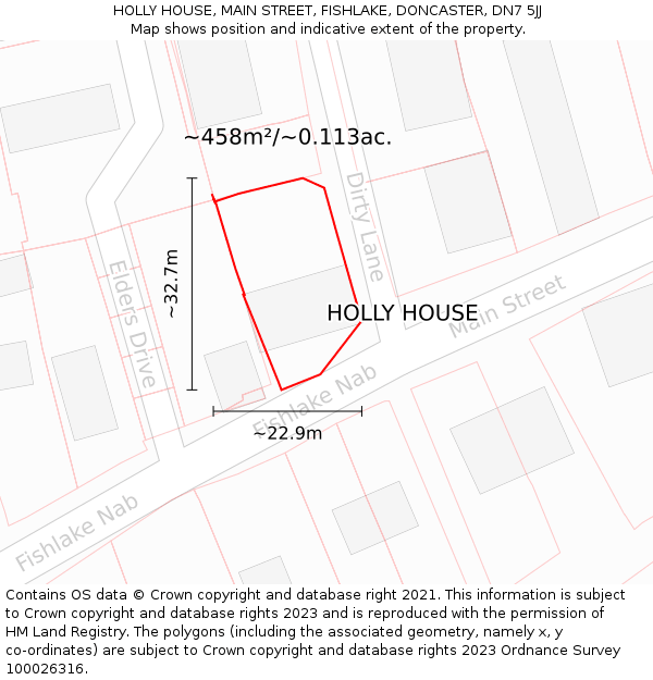 HOLLY HOUSE, MAIN STREET, FISHLAKE, DONCASTER, DN7 5JJ: Plot and title map