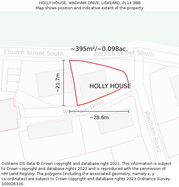 HOLLY HOUSE, WADHAM DRIVE, LISKEARD, PL14 3BB: Plot and title map