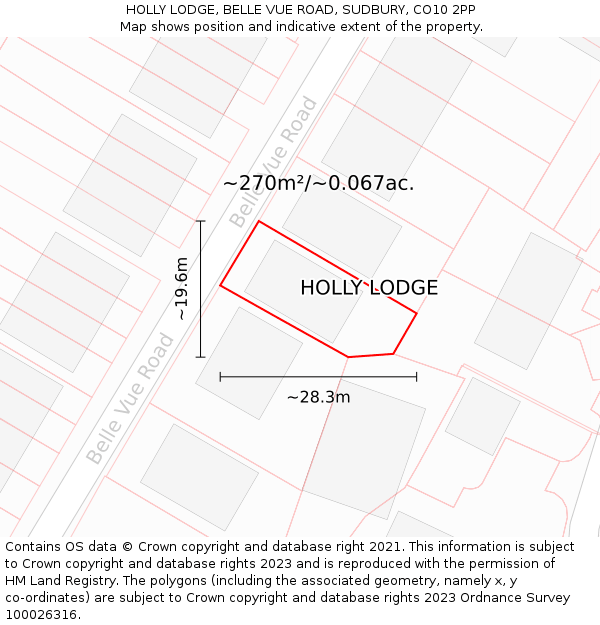 HOLLY LODGE, BELLE VUE ROAD, SUDBURY, CO10 2PP: Plot and title map