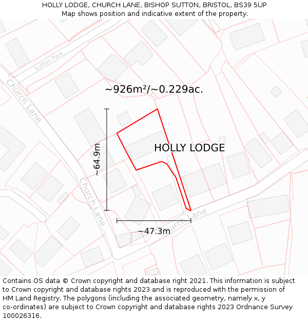 HOLLY LODGE, CHURCH LANE, BISHOP SUTTON, BRISTOL, BS39 5UP: Plot and title map