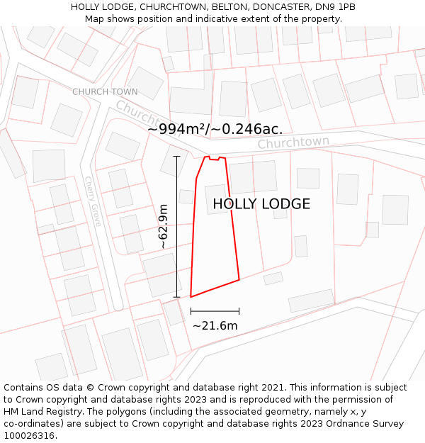 HOLLY LODGE, CHURCHTOWN, BELTON, DONCASTER, DN9 1PB: Plot and title map