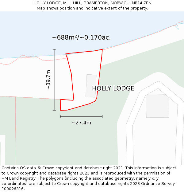 HOLLY LODGE, MILL HILL, BRAMERTON, NORWICH, NR14 7EN: Plot and title map