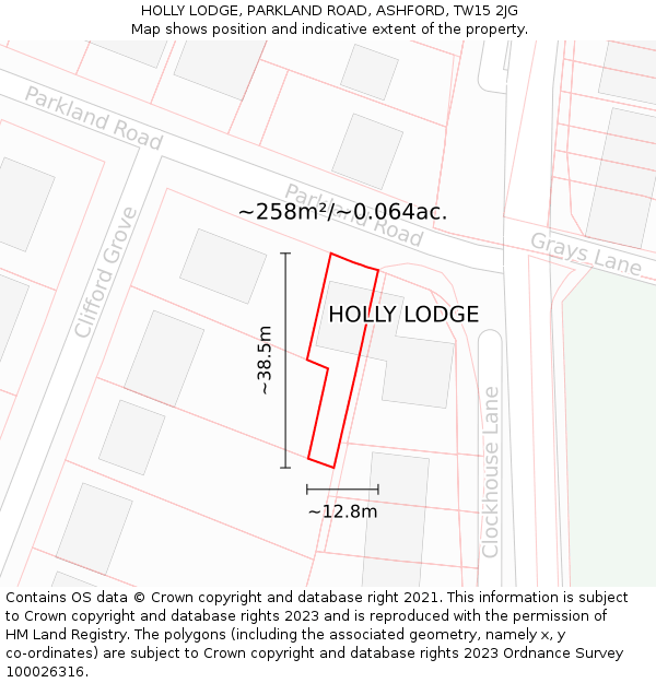 HOLLY LODGE, PARKLAND ROAD, ASHFORD, TW15 2JG: Plot and title map
