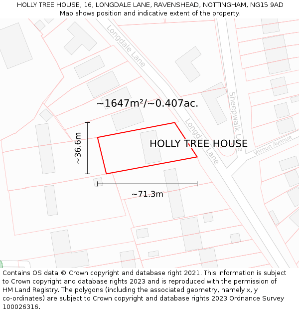 HOLLY TREE HOUSE, 16, LONGDALE LANE, RAVENSHEAD, NOTTINGHAM, NG15 9AD: Plot and title map