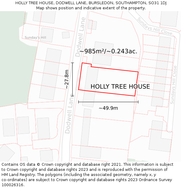 HOLLY TREE HOUSE, DODWELL LANE, BURSLEDON, SOUTHAMPTON, SO31 1DJ: Plot and title map