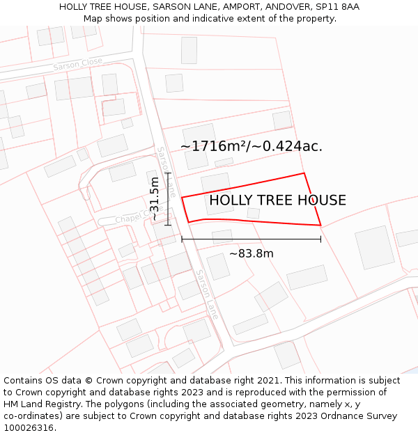 HOLLY TREE HOUSE, SARSON LANE, AMPORT, ANDOVER, SP11 8AA: Plot and title map