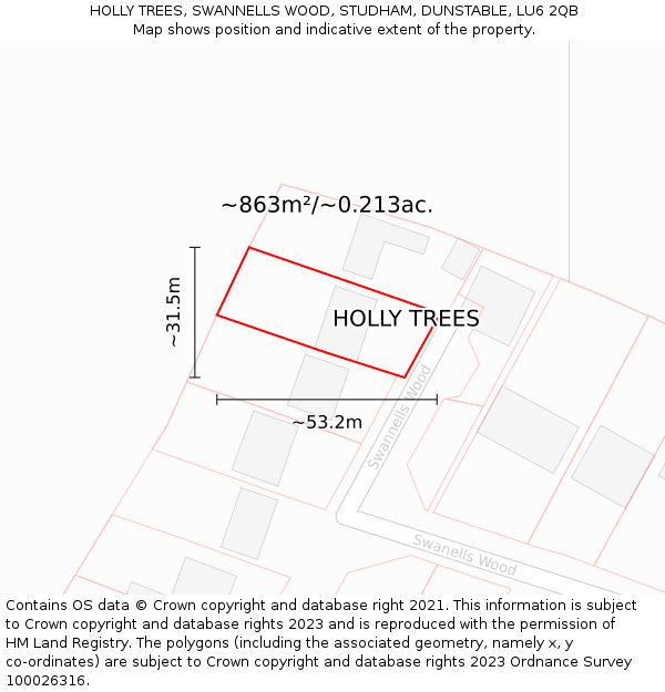 HOLLY TREES, SWANNELLS WOOD, STUDHAM, DUNSTABLE, LU6 2QB: Plot and title map