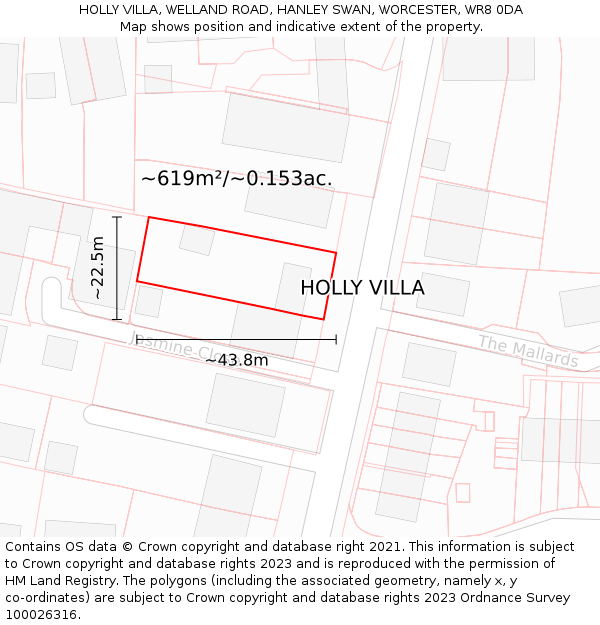 HOLLY VILLA, WELLAND ROAD, HANLEY SWAN, WORCESTER, WR8 0DA: Plot and title map