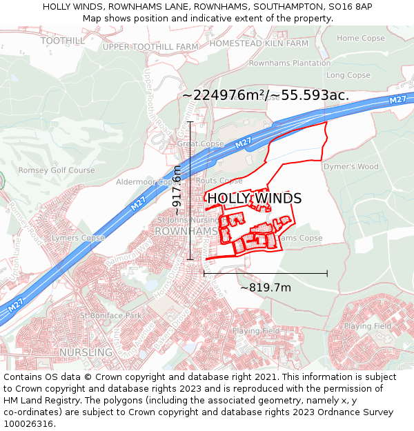 HOLLY WINDS, ROWNHAMS LANE, ROWNHAMS, SOUTHAMPTON, SO16 8AP: Plot and title map