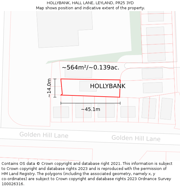 HOLLYBANK, HALL LANE, LEYLAND, PR25 3YD: Plot and title map