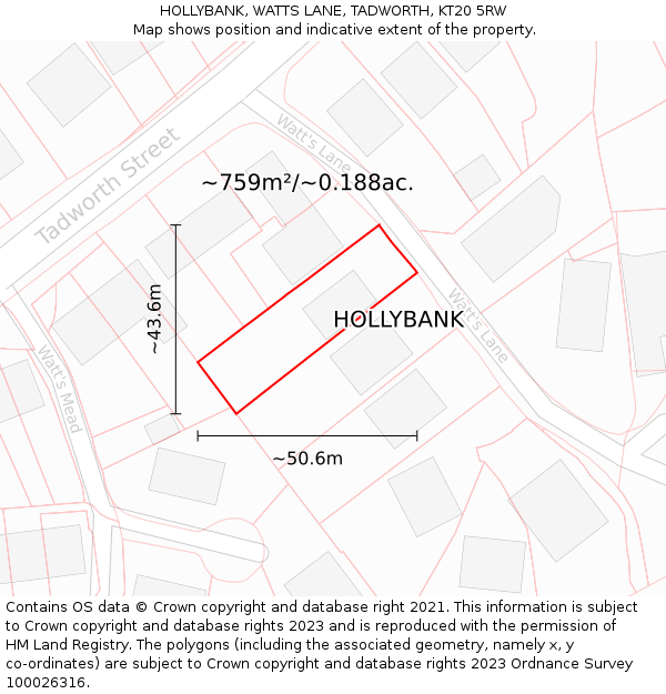 HOLLYBANK, WATTS LANE, TADWORTH, KT20 5RW: Plot and title map