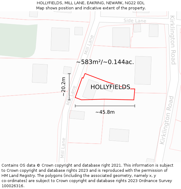 HOLLYFIELDS, MILL LANE, EAKRING, NEWARK, NG22 0DL: Plot and title map