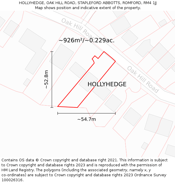 HOLLYHEDGE, OAK HILL ROAD, STAPLEFORD ABBOTTS, ROMFORD, RM4 1JJ: Plot and title map
