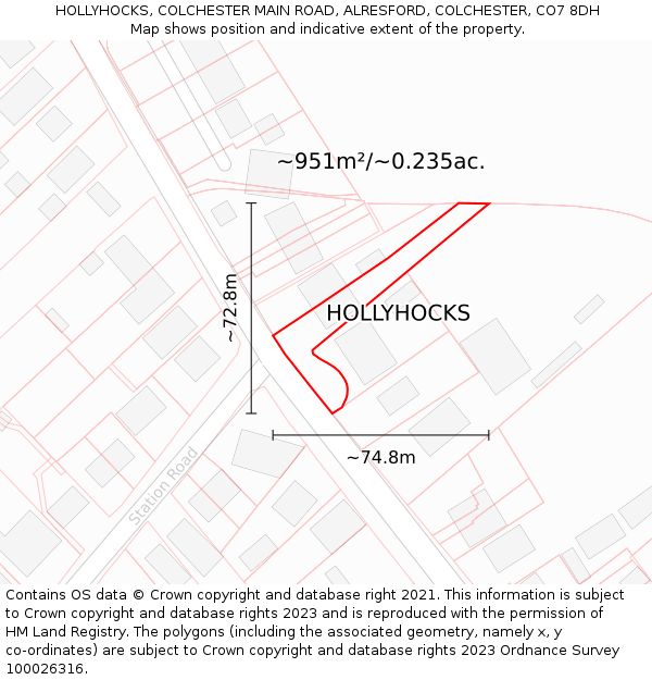 HOLLYHOCKS, COLCHESTER MAIN ROAD, ALRESFORD, COLCHESTER, CO7 8DH: Plot and title map