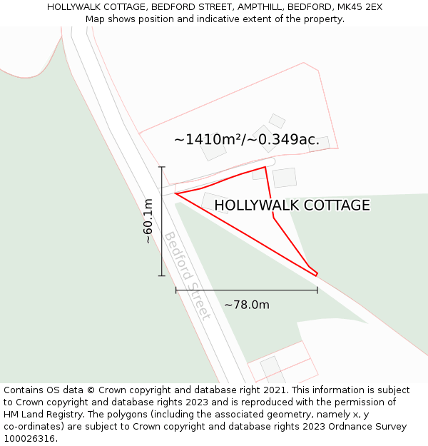 HOLLYWALK COTTAGE, BEDFORD STREET, AMPTHILL, BEDFORD, MK45 2EX: Plot and title map
