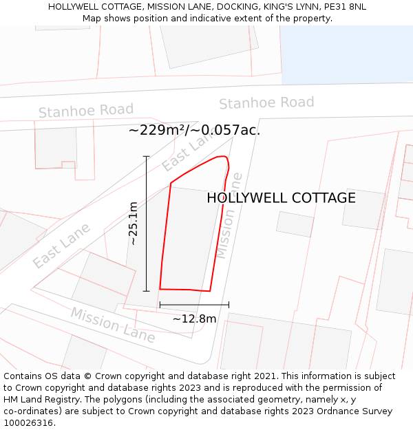 HOLLYWELL COTTAGE, MISSION LANE, DOCKING, KING'S LYNN, PE31 8NL: Plot and title map