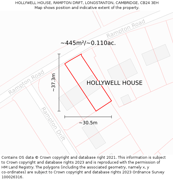 HOLLYWELL HOUSE, RAMPTON DRIFT, LONGSTANTON, CAMBRIDGE, CB24 3EH: Plot and title map