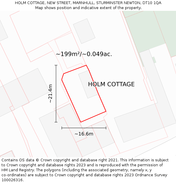 HOLM COTTAGE, NEW STREET, MARNHULL, STURMINSTER NEWTON, DT10 1QA: Plot and title map