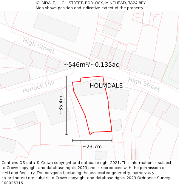 HOLMDALE, HIGH STREET, PORLOCK, MINEHEAD, TA24 8PY: Plot and title map