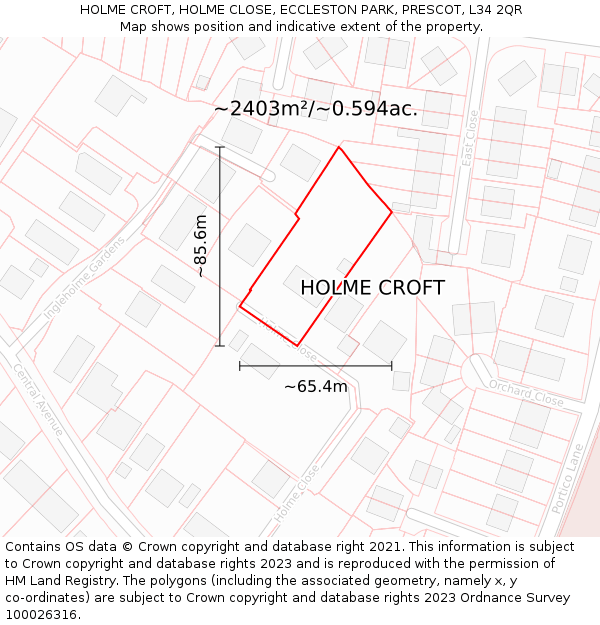 HOLME CROFT, HOLME CLOSE, ECCLESTON PARK, PRESCOT, L34 2QR: Plot and title map
