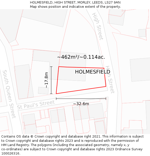 HOLMESFIELD, HIGH STREET, MORLEY, LEEDS, LS27 9AN: Plot and title map