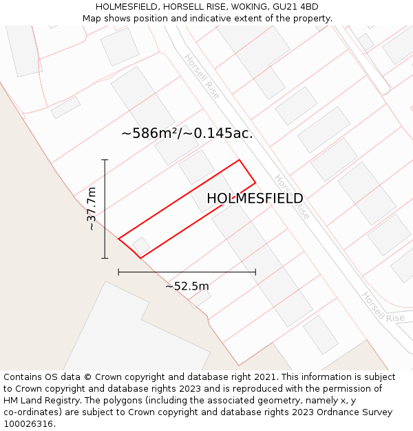 HOLMESFIELD, HORSELL RISE, WOKING, GU21 4BD: Plot and title map