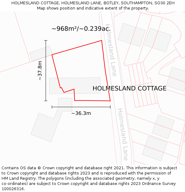 HOLMESLAND COTTAGE, HOLMESLAND LANE, BOTLEY, SOUTHAMPTON, SO30 2EH: Plot and title map