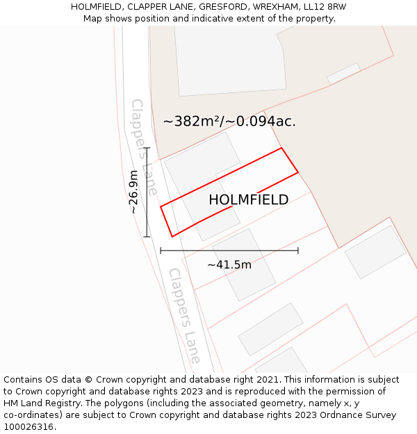 HOLMFIELD, CLAPPER LANE, GRESFORD, WREXHAM, LL12 8RW: Plot and title map