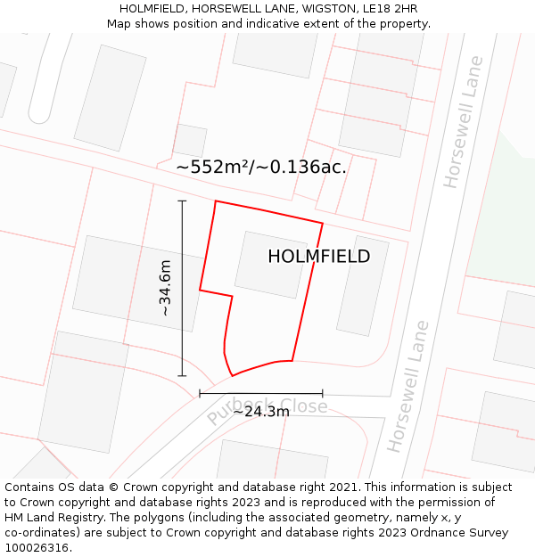 HOLMFIELD, HORSEWELL LANE, WIGSTON, LE18 2HR: Plot and title map