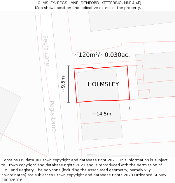 HOLMSLEY, PEGS LANE, DENFORD, KETTERING, NN14 4EJ: Plot and title map