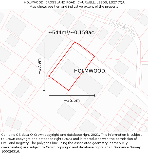 HOLMWOOD, CROSSLAND ROAD, CHURWELL, LEEDS, LS27 7QA: Plot and title map