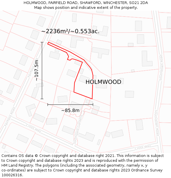 HOLMWOOD, FAIRFIELD ROAD, SHAWFORD, WINCHESTER, SO21 2DA: Plot and title map