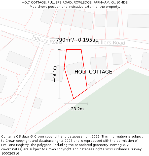 HOLT COTTAGE, FULLERS ROAD, ROWLEDGE, FARNHAM, GU10 4DE: Plot and title map