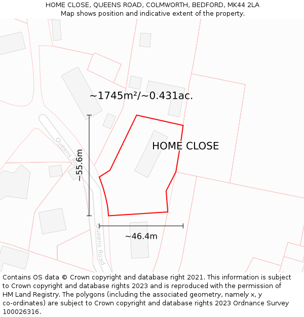 HOME CLOSE, QUEENS ROAD, COLMWORTH, BEDFORD, MK44 2LA: Plot and title map