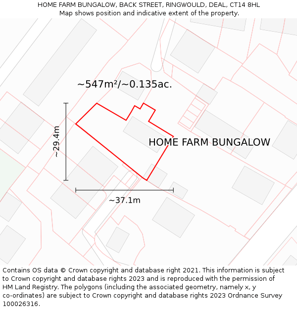 HOME FARM BUNGALOW, BACK STREET, RINGWOULD, DEAL, CT14 8HL: Plot and title map