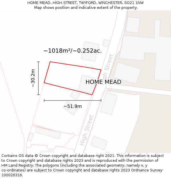 HOME MEAD, HIGH STREET, TWYFORD, WINCHESTER, SO21 1NW: Plot and title map